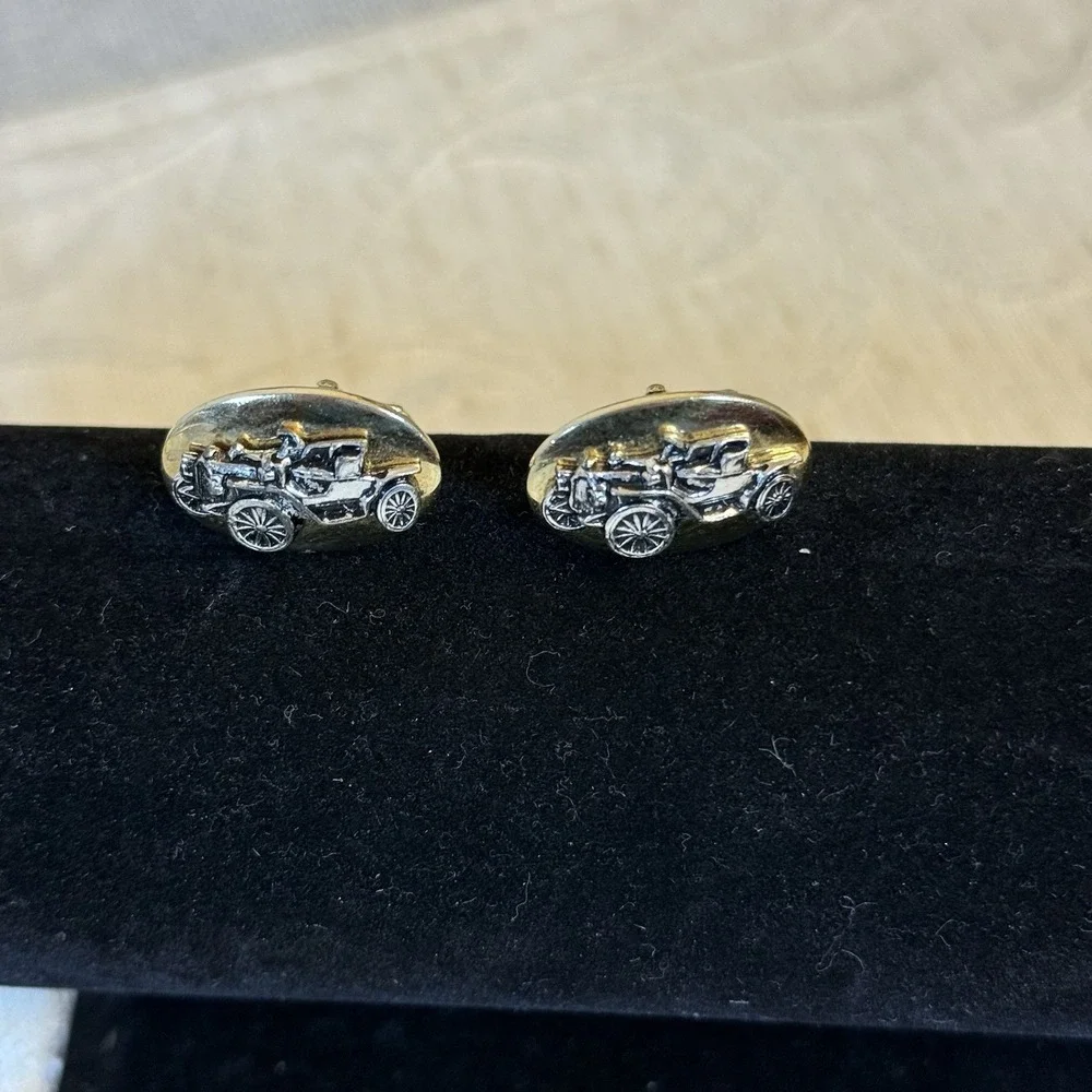 Vintage Style Old Timer‎ Car Oval Gold and Silver Tone Cufflinks Torpedo Swivel